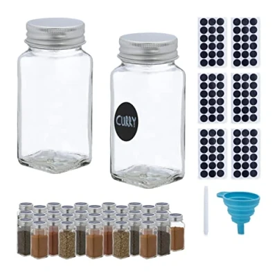 Image of Relaxdays Spice Jars, Set of 36, Sprinkling Insert, Glass Herb Containers, 120 ml, Labels, Pen &amp; Funnel, Transparent, 11 x 4.5 cm