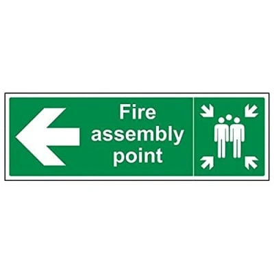 Image of V Safety 17021BJ R Fire Assembly Point Arrow Left Sign Landscape 450mm x 150mm 1mm Rigid Plastic, Green
