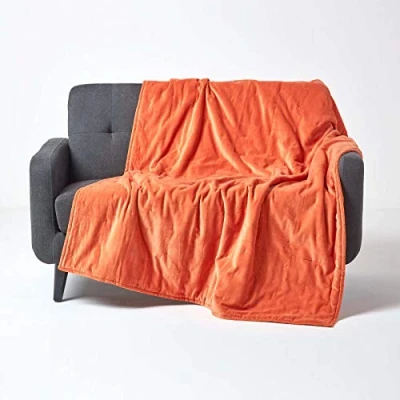 Image of HOMESCAPES Burnt Orange Velvet Throw Super Soft Thick Cotton Blanket with Handwoven Embroidered Dots and Quilting Reversible Bedspread Cosy Warm Bed or Sofa Throw, 125 x 150 cm
