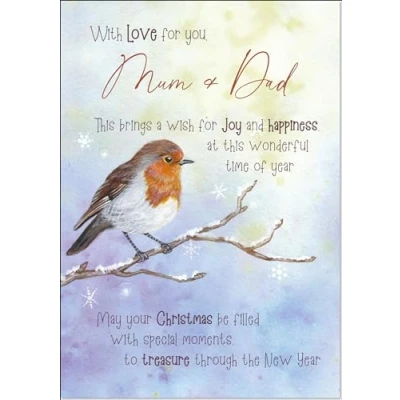 Image of doodlecards Mum and Dad Christmas Card Watercolour Robin In The Frost Medium Size for &amp; with Plain Envelope