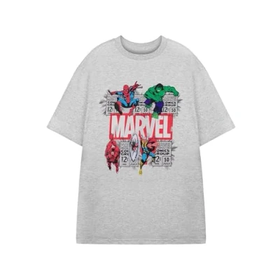 Image of Marvel Mens Grey Marl Short Sleeve Graphic Tee Comic Style Superhero Logo T Shirt Classic Comics Apparel Retro Vintage Movie Merchandise