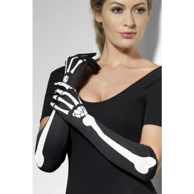 Image of Smiffys Skeleton Gloves, Black Long, Halloween Fancy Dress Accessory, Up Accessories