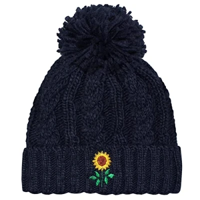 Image of TeddyTs Women&#039;s Sunflower Chunky Cable Knit Thermal Bobble Hat (Navy Blue)