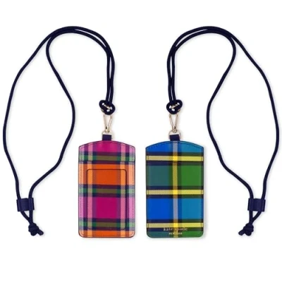 Image of Kate Spade New York ID Badge Holder with Lanyard, Vegan Leather Slim Card Wallet, Name Tag Case for Work, School, or Travel (Grand Plaid Duo)