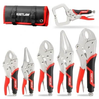 Image of KRETLAW Locking Pliers Set 6PCs, Mole Grips Adjustable Wrench Vice Pliers, 6 1/2&amp;9 1/2 Long Nose, 5, 7 and 10 Curved Jaw, C clamp with Rolling Pouch