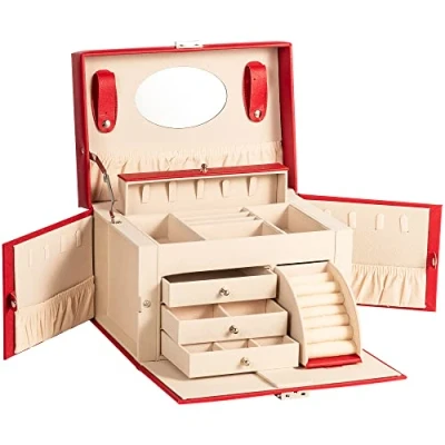 Image of AdelDream Jewellery Box Large Lockable with Mirror for Rings Earrings Gifts Red