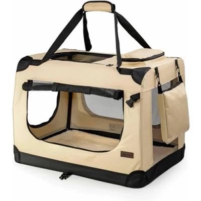 Image of lionto Pet Carrier Foldable Dog Transport Box Car Crate Small Animal Carrier, (L) 70x52x50 cm beige