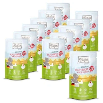 Image of MjAMjAM Premium wet food for cats Quetschie Chicks &amp; Friends delicate chicken with fruity strawberries, 12 pack (12 x 125g), grain free