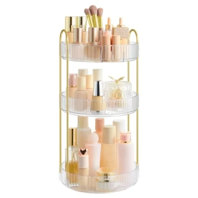 Image of SONGMICS Makeup Organiser Rotating, 3 Tier Round Skincare Organiser, Customisable, Toiletries Cosmetics Gift, Transparent JKA011W02