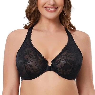Image of MELENECA Women&#039;s Plus Size Racerback Unlined Lace Underwire Front Closure Bra Black 46G