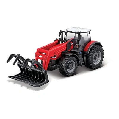 Image of Bburago B18 31634 Die Cast Massey FERGUSSON 8740S Tractor with Workiing Front Loader and Grabber Cat Vehicle, Red