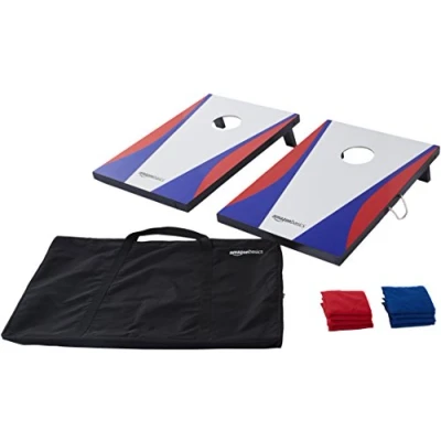 Image of Amazon Basics Cornhole Carrying Case Set with 2 Boards, 8 Bean Bags, and Travel Case, Blue, Red
