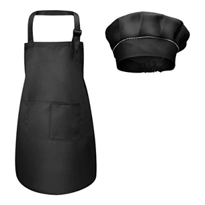 Image of Fodlon Kids Apron and Chef Hat Set, Adjustable Children Kitchen with Pockets for Cooking Baking Painting 4 12 Years Old (Black, Large)