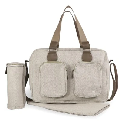 Image of My Babiie Changing Bag Tote With Insulated Bottle Holder, Portable Mat, Baby Travel Bag, Nappy Messenger 2 Front Pockets Oatmeal Herringbone