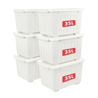 Image of Cetomo 35L*6 Plastic Storage Box,White, Tote box,Organizing Container with Durable Lid and Secure Latching Buckles, Stackable Nestable, 6Pack, Buckle