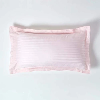 Image of HOMESCAPES Pink Pure Egyptian Cotton King Size Oxford Pillowcase 330 TC 500 Thread Count Percale Equivalent Satin Stripe Pillow Case