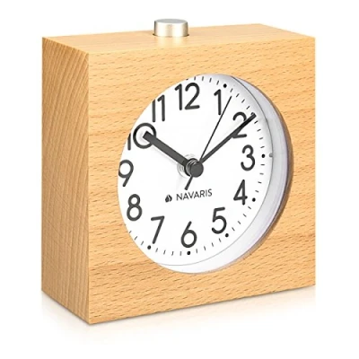 Image of Navaris Analogue Wood Alarm Clock Retro Table with Square Design Snooze Function and Face Light Natural in Brown