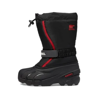 Image of Sorel Youth Flurry Unisex Winter boots for kids, Size: 4, Black/bright red Synthetics/textile