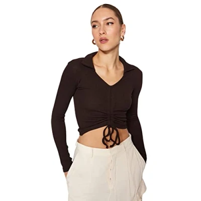 Image of Trendyol Women Slim fit Asymmetric Polo Neck Knit Blouse Brown