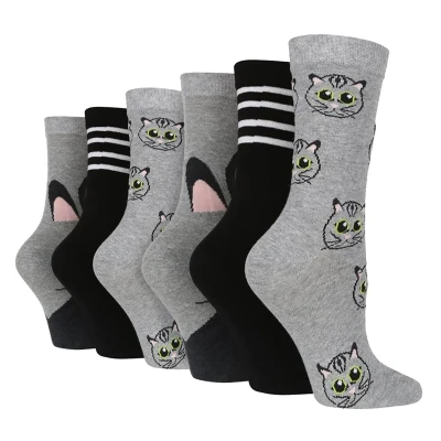 Image of WILDFEET 6 Pair Multipack Ladies Fun Design Socks Cute Novelty Animal Pattern (4 8, Cats)