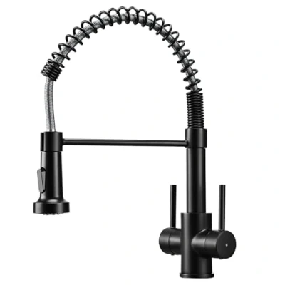 Image of Peppermint Kitchen Taps with Pull Out Spray Dual Lever Spring Matt Black Mixer Tap Twin Hot Cold Sink 1 Hole Brass Commercial Faucet Down 360 Swivel Spout
