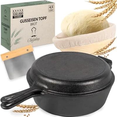 Image of Chefarone Cast Iron Pot 2 in 1 with Proofing Basket and Dough Scraper. Bread Baking Mould Lid, 3 litres, Roasting Dish Oven Safe, Pot, at Home, Pan
