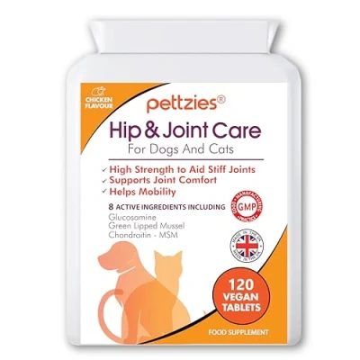 Image of PETTZIES Hip and Joint Supplements for Dogs Cats Health 120 Tablets Arthritis Aid, Care, Pain Relief Support Senior, Young Pets Glucosamine, Green Lipped Mussel, Chondroitin, Msm