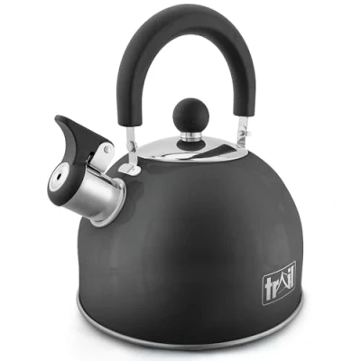 Image of Trail 2L Whistling Camping Kettle, Polished Stainless Steel, Durable Lightweight, Easy Pour Spout, Folding Heat Resistant Handle, Fast Boil Travel, Outdoor Fishing Hiking, 15cm x 18cm, 0.42kg (Black)