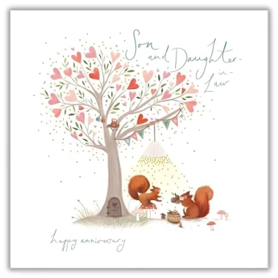 Image of Son and Daughter in Law Anniversary Card Squirrels Love Hearts Artistic Romantic Design Special Finish Made the UK Eco Friendly