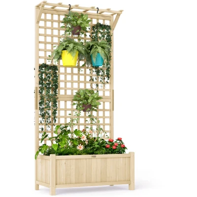 Image of Outsunny Wood Planter with Trellis for Climbing Plants, Raised Bed, Box Drainage Holes to Grow Vegetables, Herbs and Flowers Garden, Patio, Yard, Natural Finish
