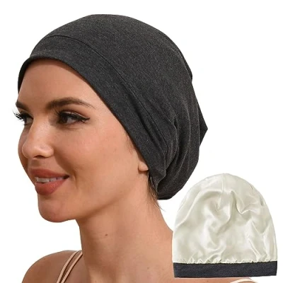 Image of Hat Hut 100% Mulberry Silk Lined Sleep Cap Pure Bonnet for Curly Hair Wrap Sleeping Slouchy Beanie (Grey)