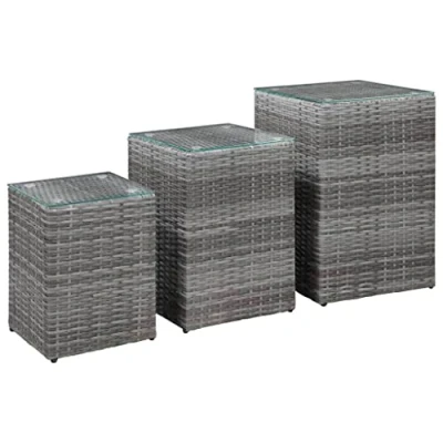 Image of vidaXL Side Tables with Glass Top 3 pcs Set in Grey Poly Rattan Weather Resistant, Lightweight, Low Maintenance, Versatile for Indoor and Outdoor Use Ideal as Sofa Table, Tea Table Dini...