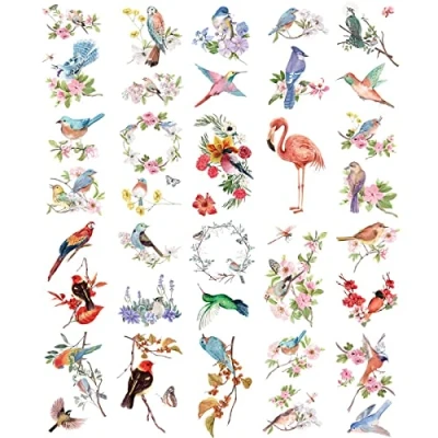 Image of Everjoy Realistic Temporary Tattoos 20 Pcs, Waterproof Watercolor Flowers and Birds for Women Men