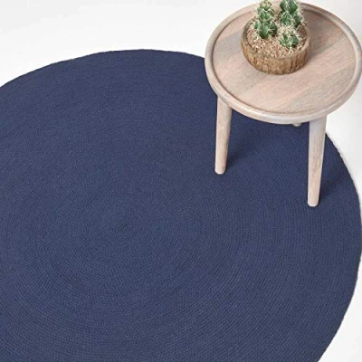 Image of HOMESCAPES Navy Blue Handmade Braided Round Rug For Bedroom &amp; Living Room Reversible Woven Cotton Circular Rug, 150 cm