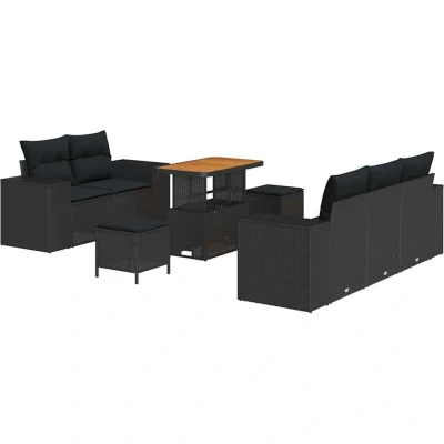 Image of vidaXL 8 Piece Garden Sofa Set with Cushions Black Poly Rattan Acacia