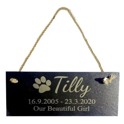 Image of County Engraving Personalised Hanging Black Slate Paw Print Design Pet Memorial Plaque Enter Your Own Custom Text