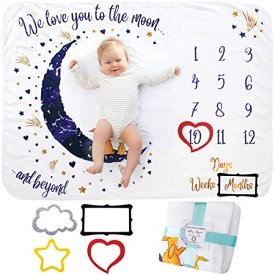 Image of Baby Monthly Milestone Blanket Girl Or Boy, Unisex Month For Pictures Personalized Shower Gifts New Moms Track Growth &amp; Age Soft, Thick, Large
