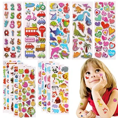Image of Party Bag fillers for Kids,500pcs Puffy Stickers,3D Stickers Kids Toddlers Rewarding Scrapbooking Including Animals Fish Dinosaurs Numbers Fruits Trucks Airplane