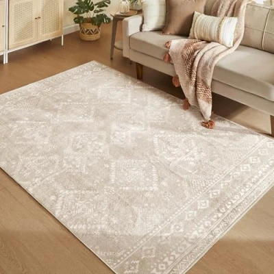 Image of SONGMICS Home Area Rug, 160 x 230 cm Rug for Bedroom, Living Room Non Slip Carpet, Decor, Room, Machine Washable, Boho Style, Cappuccino Beige TAR029K01V1