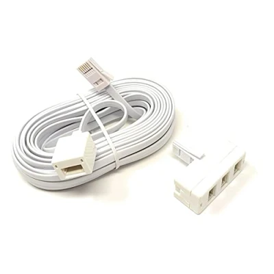 Image of Maincore 5m 2in1 long White BT Telephone Extension Cable Lead &amp; 3 Way Sockets Splitter Adapter (5m)