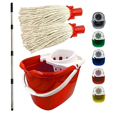 Image of Floor Mop and Bucket Set 2PC Mops for Cleaning Floors with Bucket, Pure Yarn Heads Heavy Duty Industrial Domestic Commercial Use (Red)