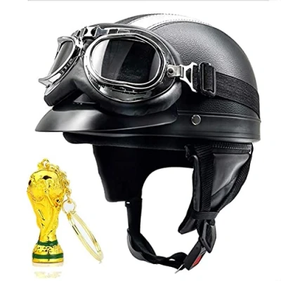 Image of Retro Vintage Style Open Motorbike Helmet With Goggles,Retro Leather Motorcycle Half For Men And Women, Pilot Adult Face Bike 54 62cm