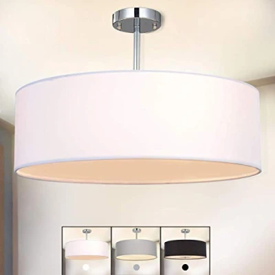 Image of SPARKSOR Ceiling Light, Modern Fabric Pendant Light Shade, Large White Drum Lampshade, Round Lamp, for Bedroom Living Room, Flush Chrome Matt, 3 Bulb, E27