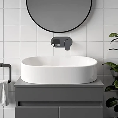 Image of Affine® Countertop Basin for Bathroom and Cloakroom Hand Wash Basins Sink Modern White Gloss Oval, 600 x 380mm