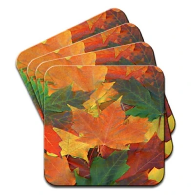 Image of Snuggle Autumn Fall Season Leaves in Yellow Brown Set Of 4 Premium Wooden Coasters