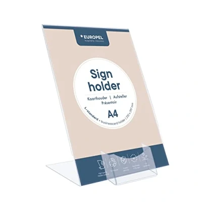 Image of EUROPEL Sign Holder with Business Card Compartment, L Standard, A4, Crystal Clear Acrylic, Portrait and Slanted, 350128