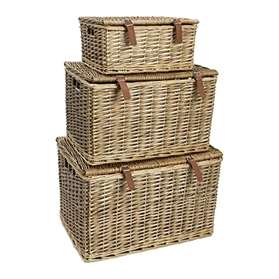 Image of JVL Handmade Buff Wicker Hampers with Faux Leather Straps, Set of 3, Brown