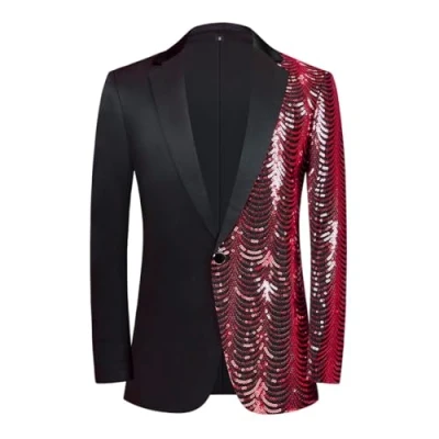 Image of PYJTRL Men Green Blue Gold Leaves Pattern Sequins Blazer (Red,XL)