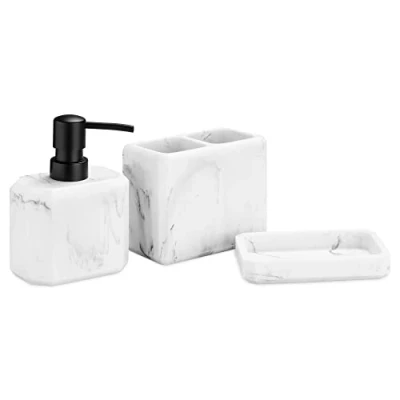 Image of Navaris Bathroom Accessories Set Liquid Soap Dispenser/Toothbrush Holder/Soap Dish 3 Piece Toiletry Vanity Accessory Kit Light Marble Effect