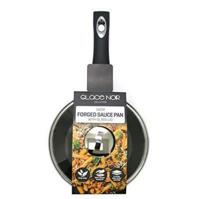 Image of Daewoo CKW2272 Glace Noir 16cm Forged Black Saucepan with Glass Lid and Ceramic Non Stick Coating, Suitable for Gas, Electric Induction Cooking, Sturdy Handle Chrome Insert, Aluminium